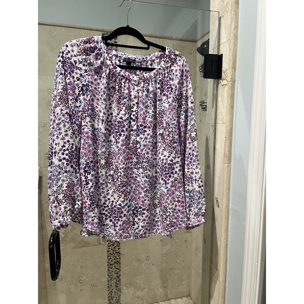 TALBOTS L/S Floral Chiffon Pullover Blouse with Button Placket - Xl Purple Blue